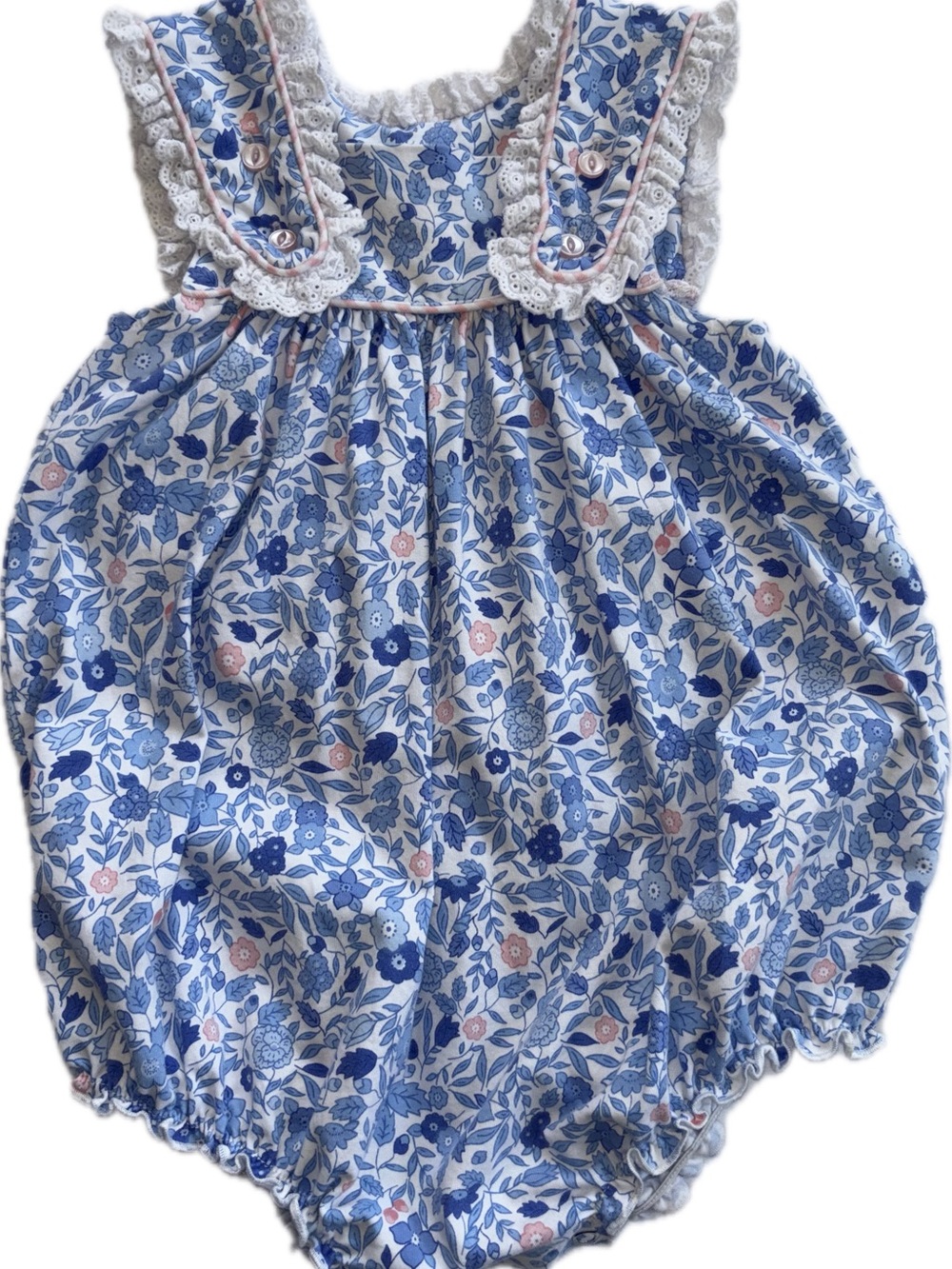 Serendipity Blue Floral Toddler One-Piece Bubble with Pink Trim